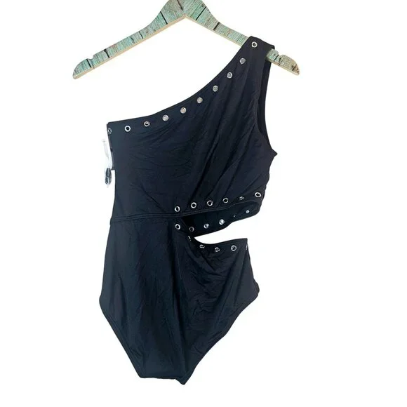 Michael Michael Kors Black Cruise 2020 One Shoulder Side Out Rivets, Sz 12, NWT - Picture 9 of 12